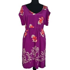 Anthropologie Moulinette Soeurs Floral Print Purple Silk Dress V-Neck‎ Size 2